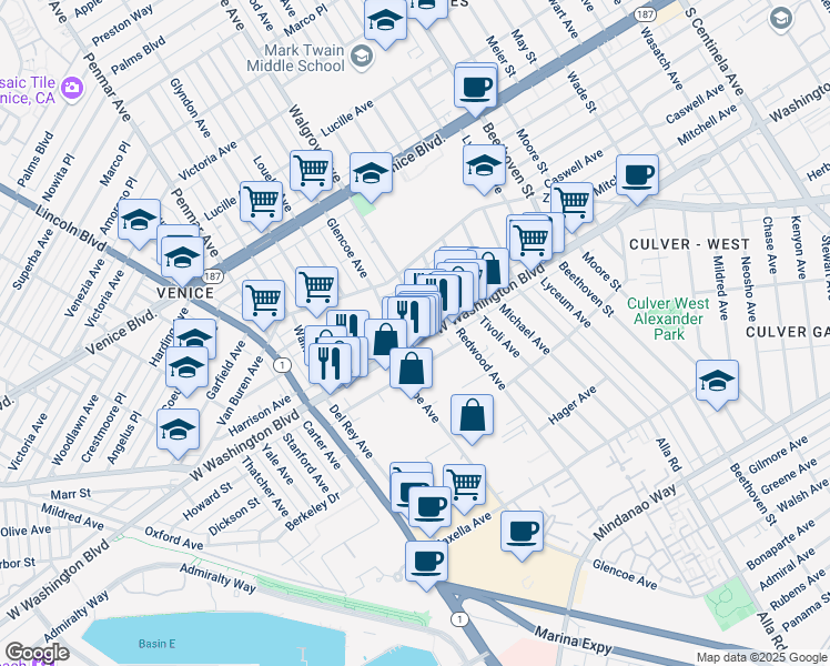 map of restaurants, bars, coffee shops, grocery stores, and more near 13347 Washington Boulevard in Los Angeles