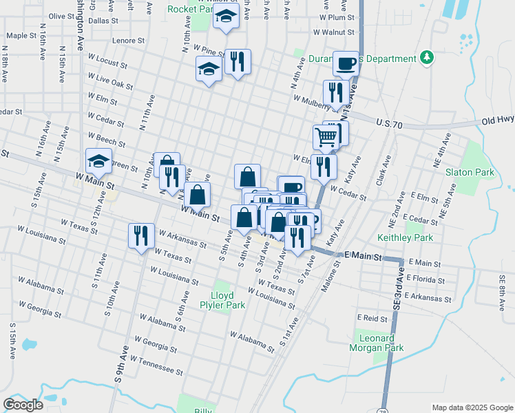 map of restaurants, bars, coffee shops, grocery stores, and more near 402 West Evergreen Street in Durant