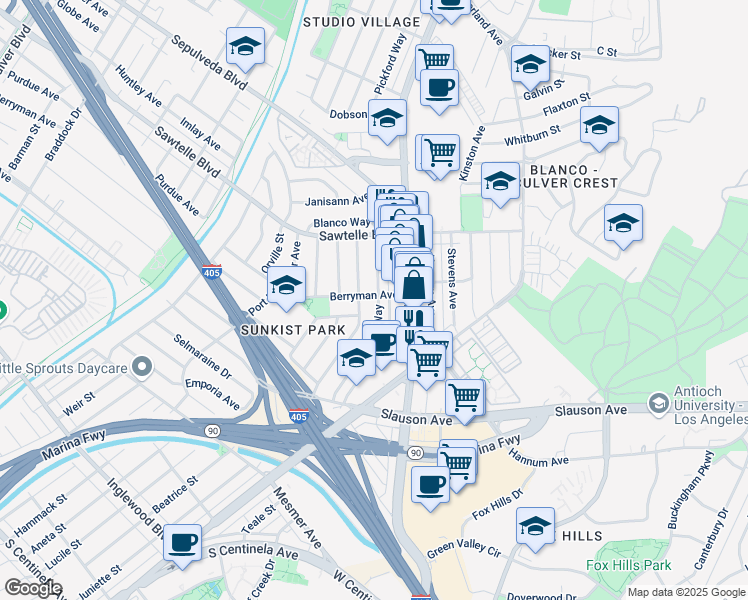 map of restaurants, bars, coffee shops, grocery stores, and more near 11305 Segrell Way in Culver City
