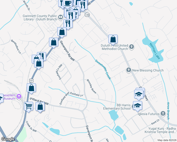 map of restaurants, bars, coffee shops, grocery stores, and more near 3322 Heritage Walk Lane in Duluth