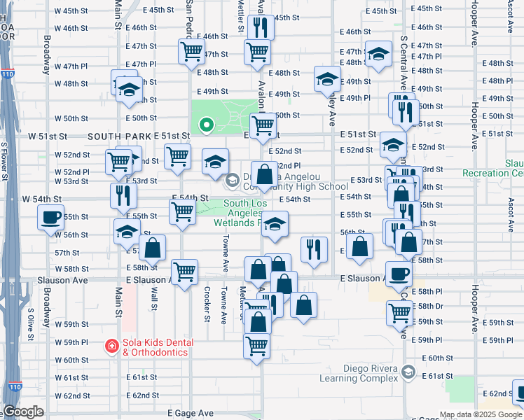 map of restaurants, bars, coffee shops, grocery stores, and more near 5413 South Avalon Boulevard in Los Angeles