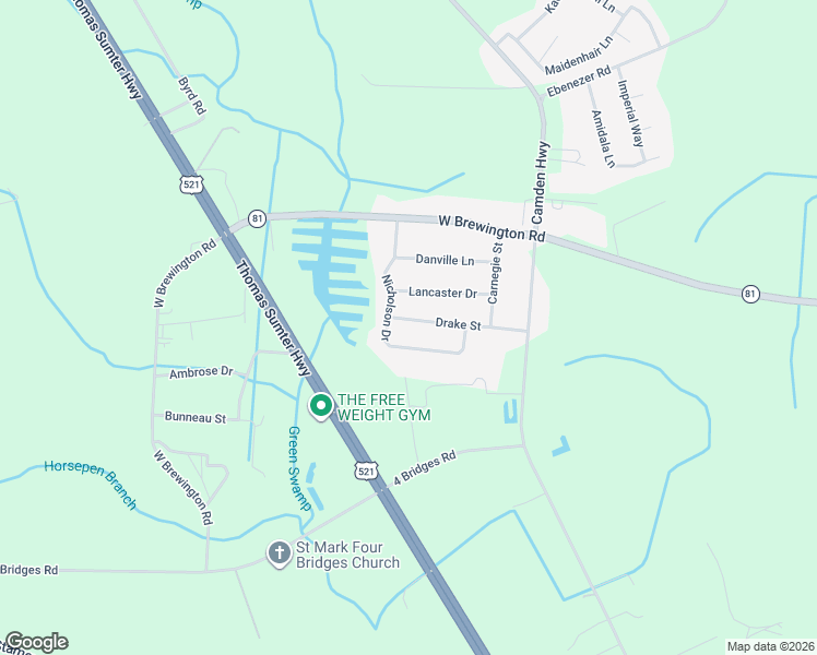map of restaurants, bars, coffee shops, grocery stores, and more near 2910 Drake Street in Sumter
