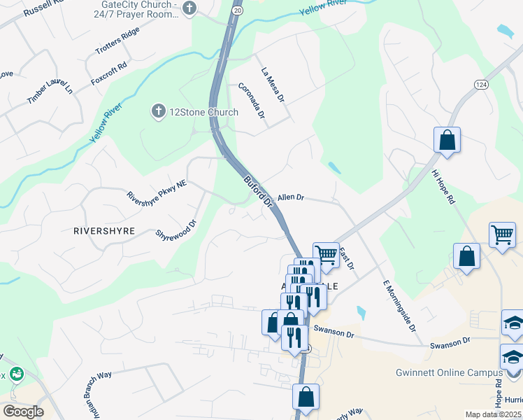 map of restaurants, bars, coffee shops, grocery stores, and more near Agate Lane in Gwinnett County