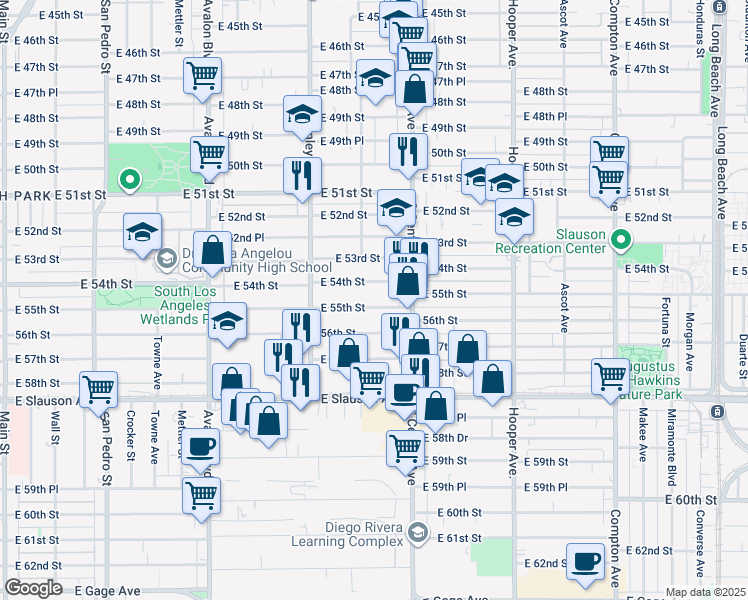 map of restaurants, bars, coffee shops, grocery stores, and more near 995 East 55th Street in Los Angeles