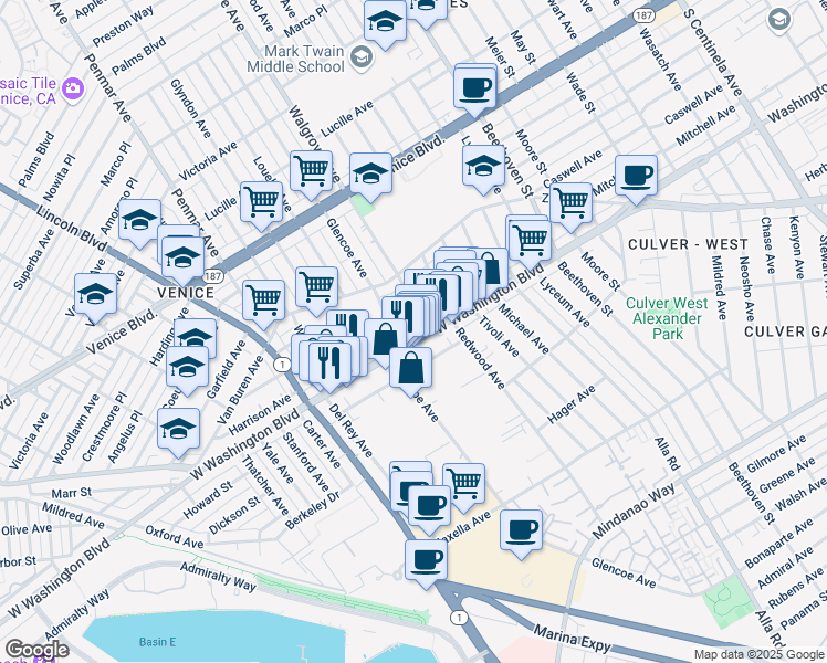 map of restaurants, bars, coffee shops, grocery stores, and more near 13347 Washington Boulevard in Los Angeles