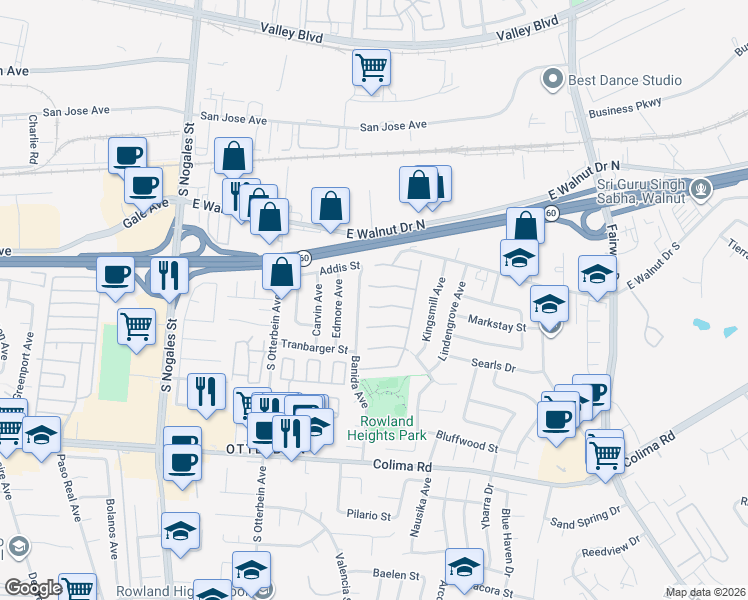 map of restaurants, bars, coffee shops, grocery stores, and more near 19359 Discovery Place in Rowland Heights