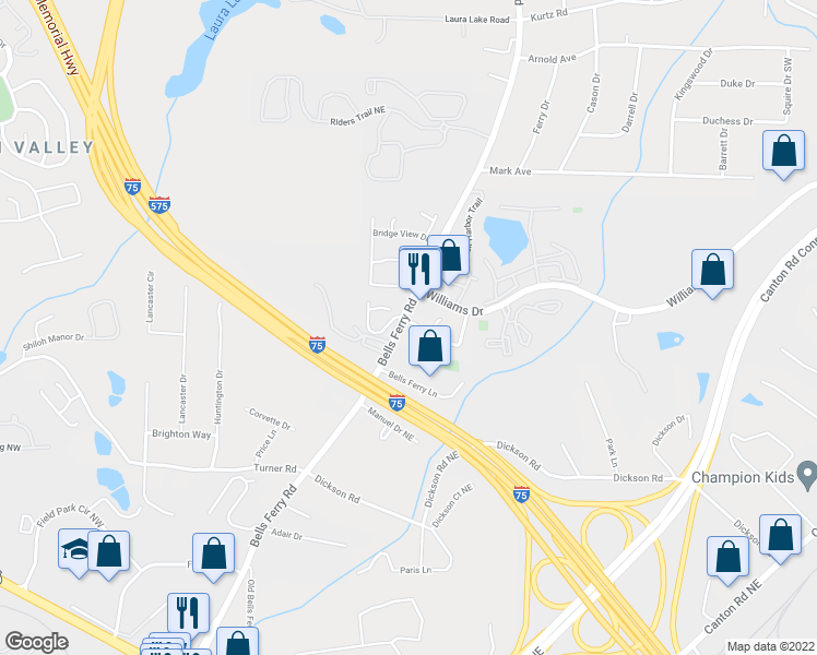 map of restaurants, bars, coffee shops, grocery stores, and more near 1749 Bridgestone Circle in Marietta