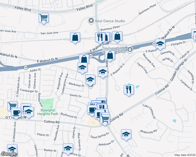map of restaurants, bars, coffee shops, grocery stores, and more near 1211 Oakburn Drive in Walnut