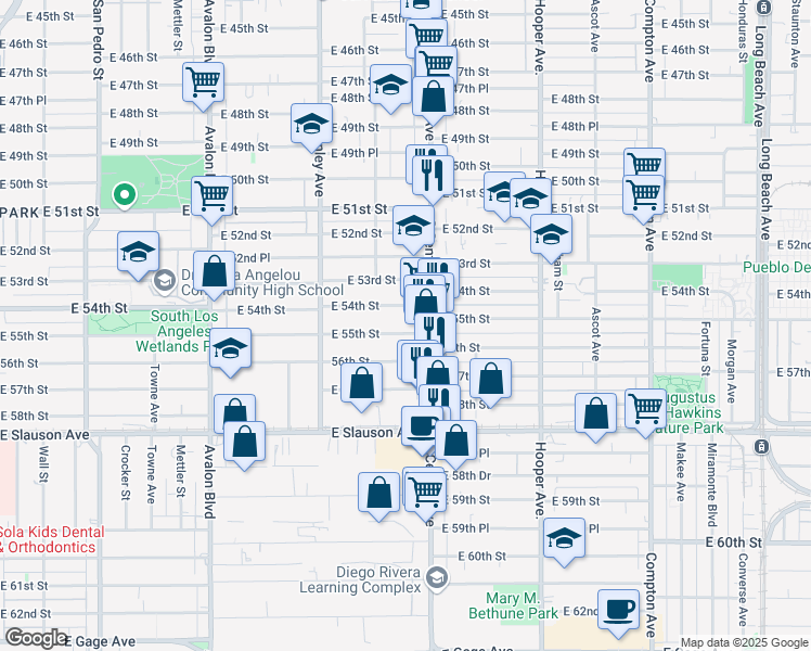 map of restaurants, bars, coffee shops, grocery stores, and more near 5407 South Central Avenue in Los Angeles