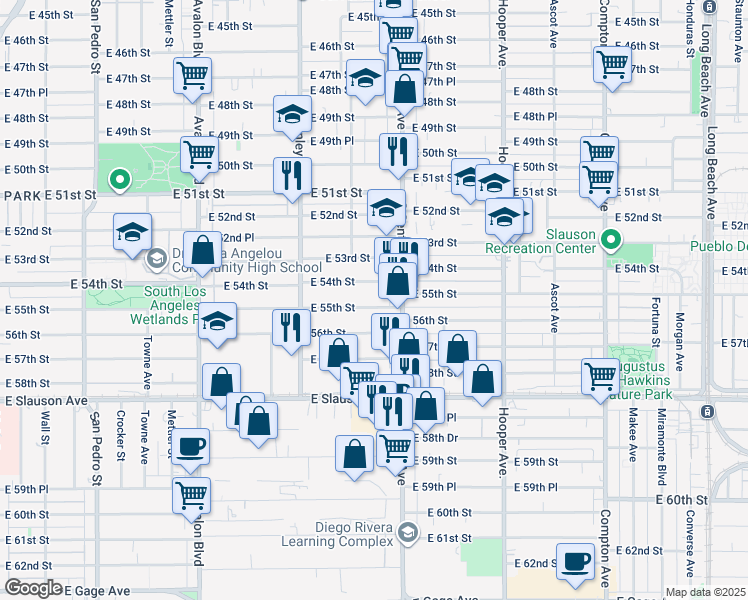 map of restaurants, bars, coffee shops, grocery stores, and more near 5407 South Central Avenue in Los Angeles
