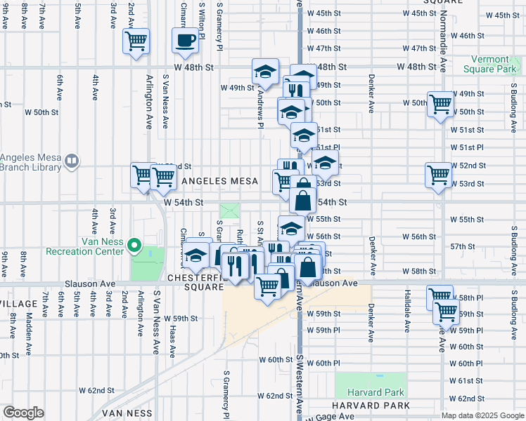 map of restaurants, bars, coffee shops, grocery stores, and more near 1872 West 54th Street in Los Angeles