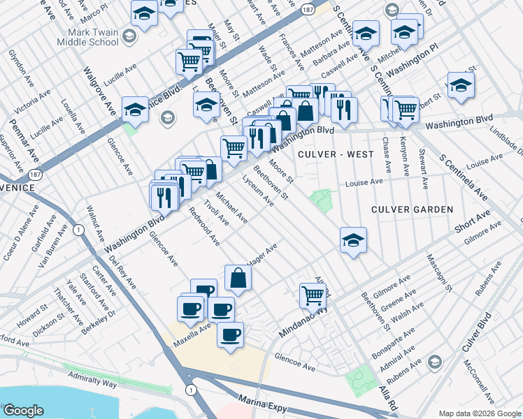 map of restaurants, bars, coffee shops, grocery stores, and more near 4109 Lyceum Avenue in Los Angeles
