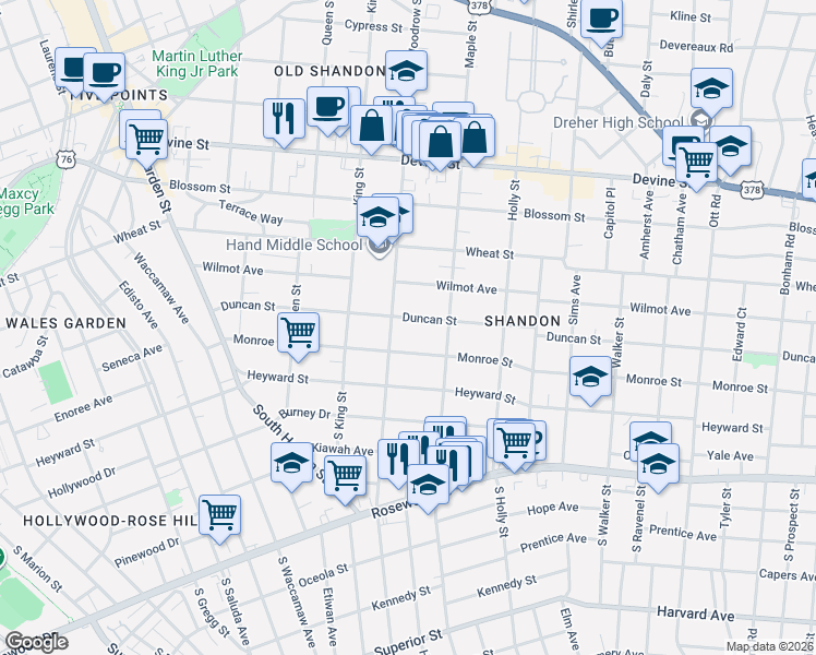 map of restaurants, bars, coffee shops, grocery stores, and more near 220 Woodrow Street in Columbia