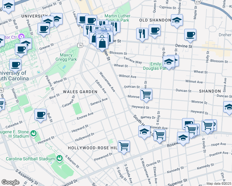 map of restaurants, bars, coffee shops, grocery stores, and more near 216 Waccamaw Avenue in Columbia