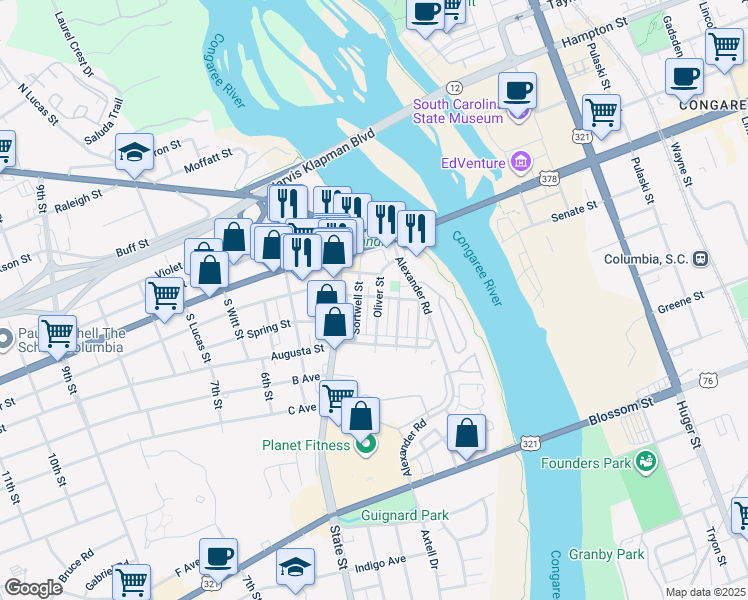 map of restaurants, bars, coffee shops, grocery stores, and more near 213 Oliver Street in West Columbia