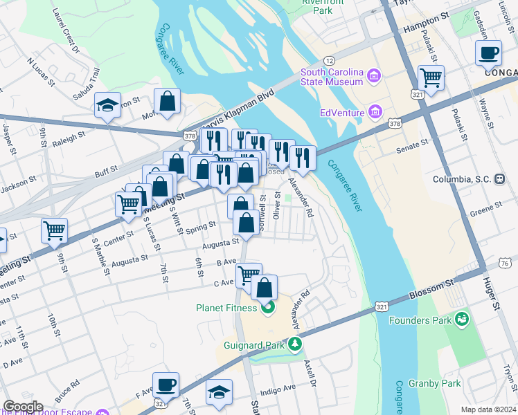 map of restaurants, bars, coffee shops, grocery stores, and more near 147 State Street in West Columbia