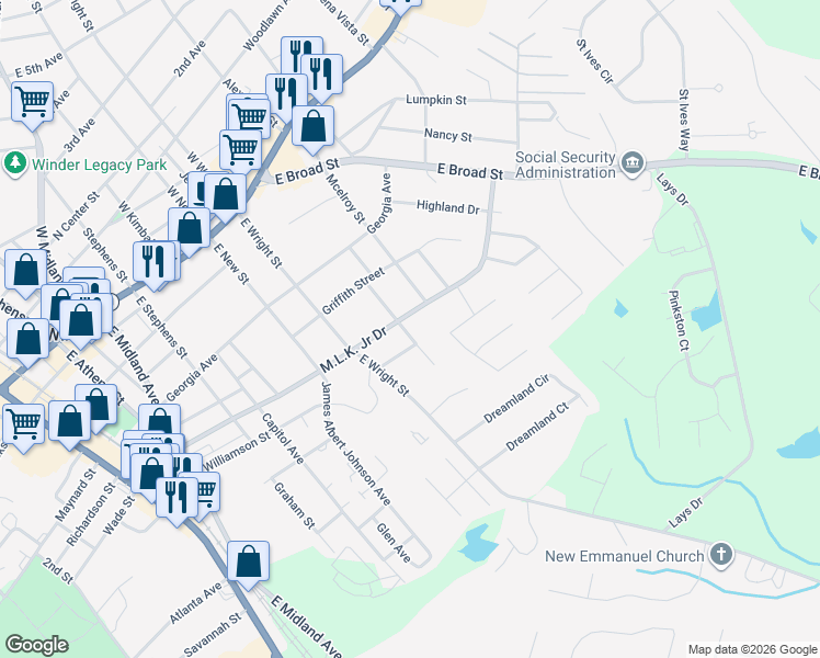 map of restaurants, bars, coffee shops, grocery stores, and more near 202 Shields Street in Winder