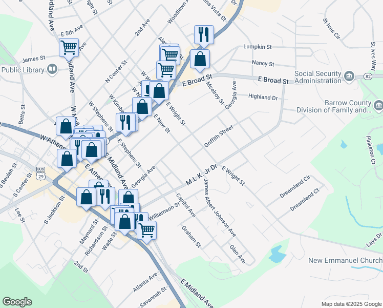 map of restaurants, bars, coffee shops, grocery stores, and more near 66 East New Street in Winder