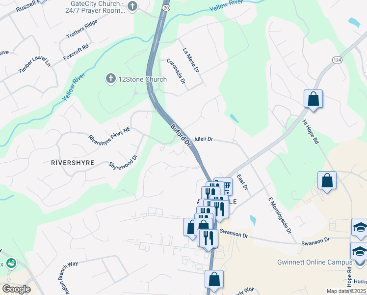 map of restaurants, bars, coffee shops, grocery stores, and more near Sunstone Lane in Gwinnett County