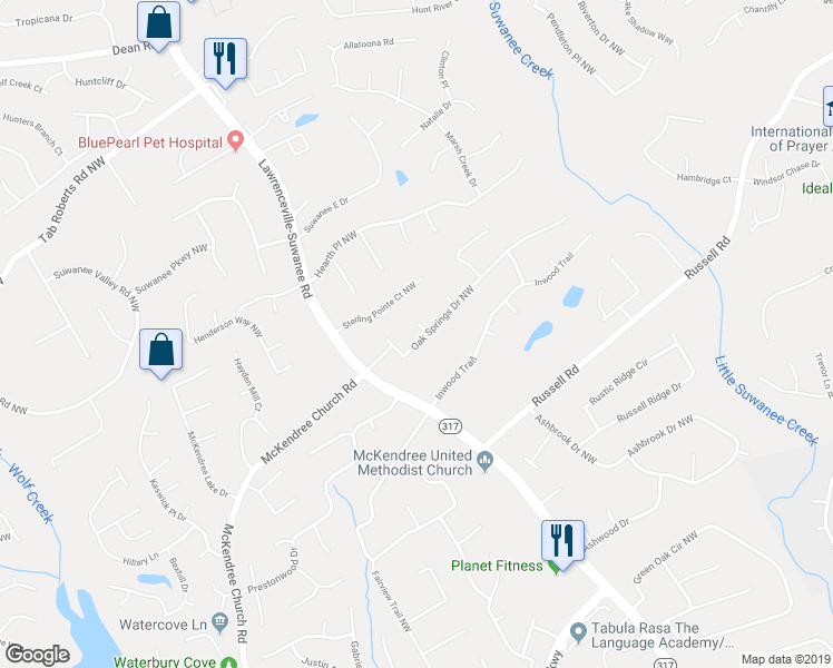 map of restaurants, bars, coffee shops, grocery stores, and more near 554 Oak Springs Drive Northwest in Lawrenceville