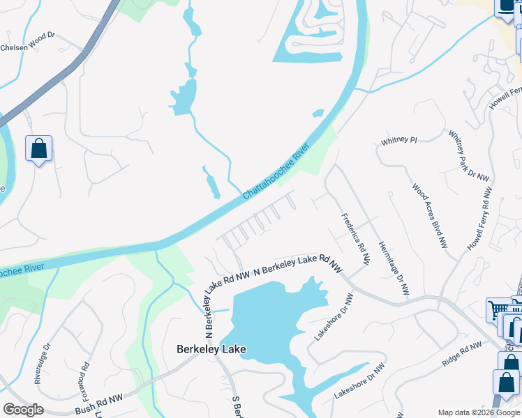 map of restaurants, bars, coffee shops, grocery stores, and more near 4282 River District Way in Berkeley Lake