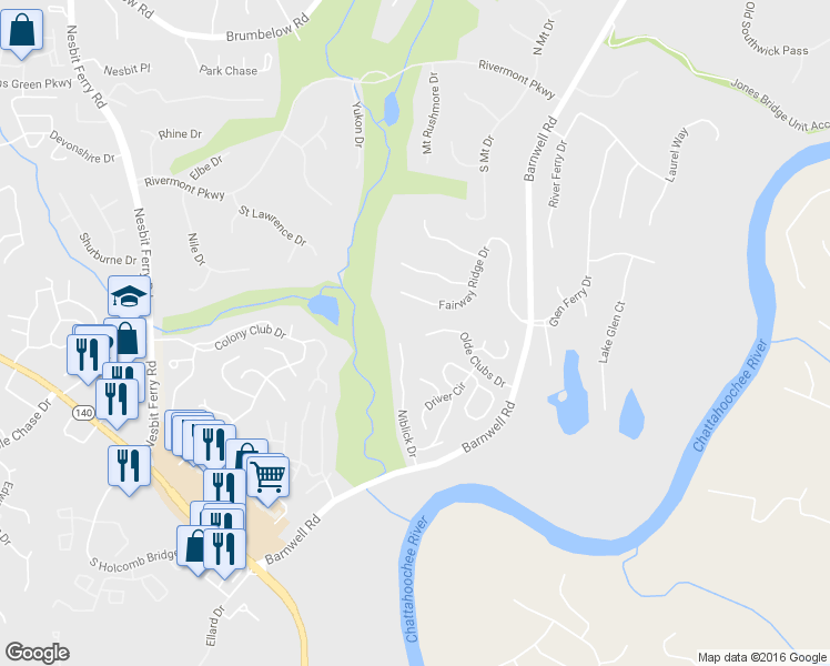 map of restaurants, bars, coffee shops, grocery stores, and more near 815 Olde Clubs Drive in Alpharetta