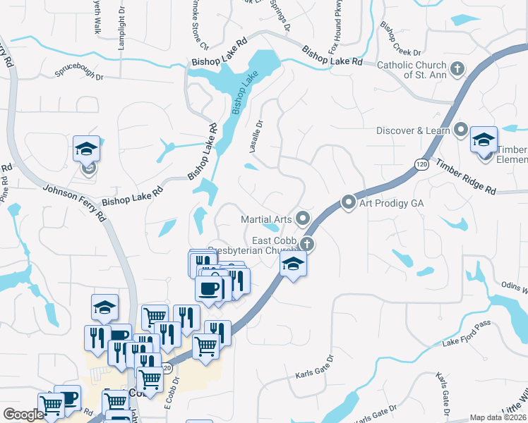 map of restaurants, bars, coffee shops, grocery stores, and more near 4552 Rutherford Drive in Marietta