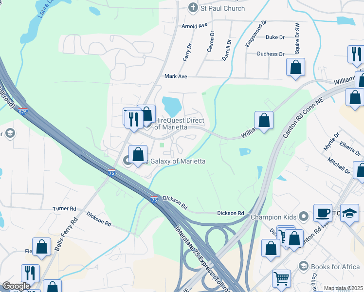 map of restaurants, bars, coffee shops, grocery stores, and more near 500 Williams Drive in Marietta