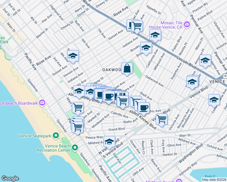 map of restaurants, bars, coffee shops, grocery stores, and more near 600 San Juan Avenue in Los Angeles