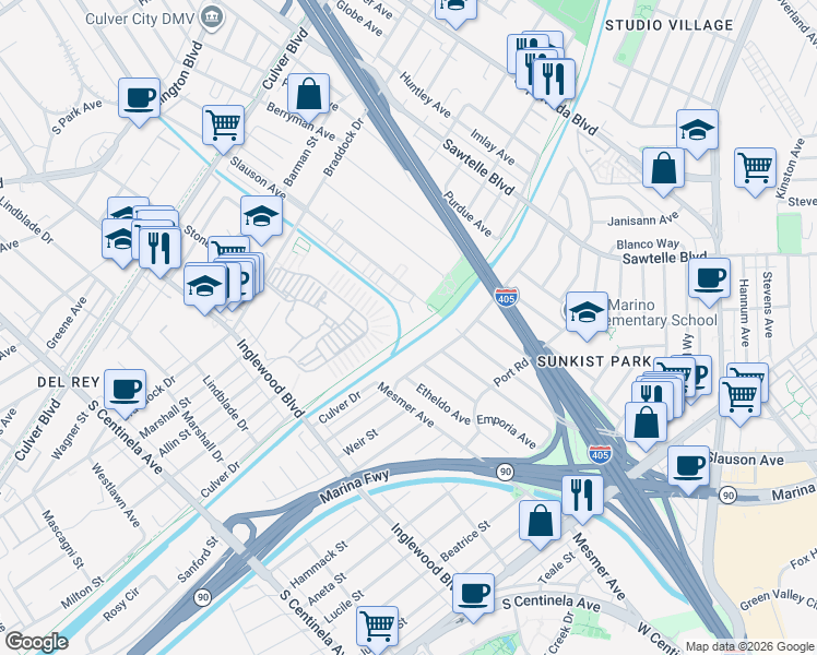 map of restaurants, bars, coffee shops, grocery stores, and more near 11520 Bradson Place in Culver City