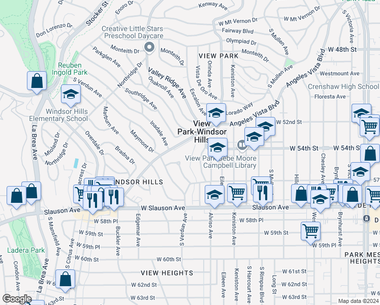 map of restaurants, bars, coffee shops, grocery stores, and more near 5400 Angeles Vista Boulevard in View Park-Windsor Hills