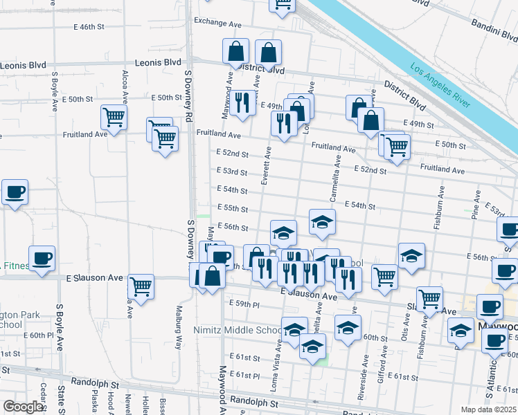 map of restaurants, bars, coffee shops, grocery stores, and more near 5421 Everett Avenue in Maywood