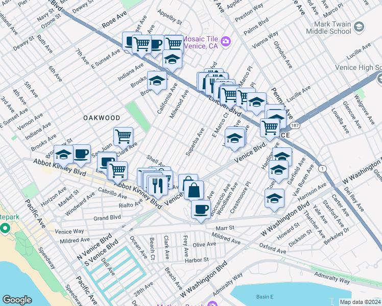 map of restaurants, bars, coffee shops, grocery stores, and more near 738 Superba Avenue in Los Angeles