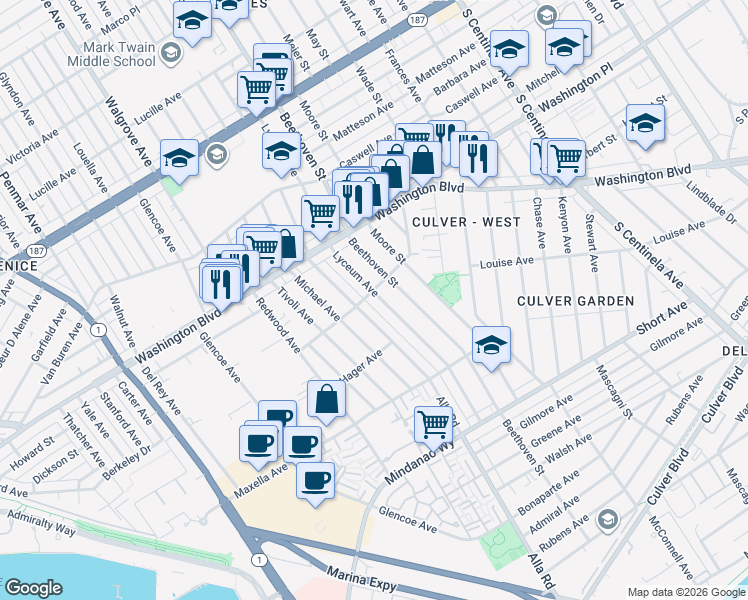 map of restaurants, bars, coffee shops, grocery stores, and more near 4109 Lyceum Avenue in Los Angeles