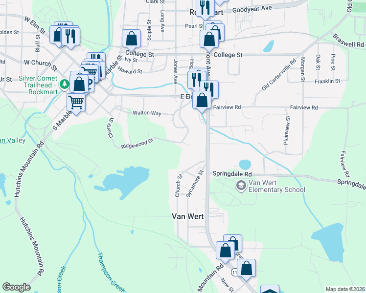 map of restaurants, bars, coffee shops, grocery stores, and more near 100 Davis Street in Rockmart