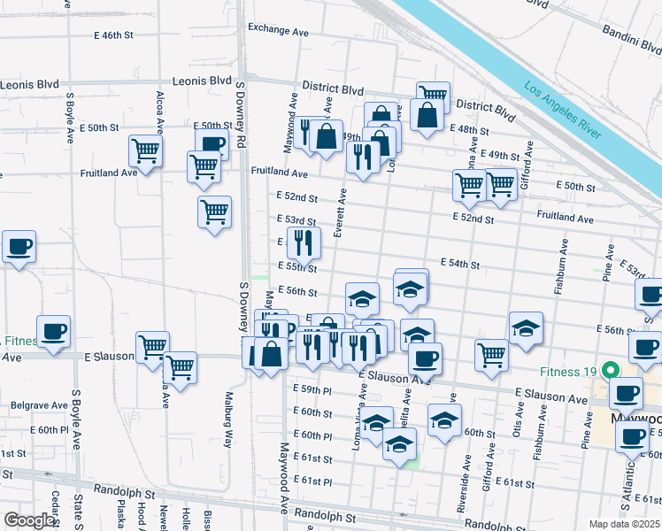map of restaurants, bars, coffee shops, grocery stores, and more near 5421 Everett Avenue in Maywood