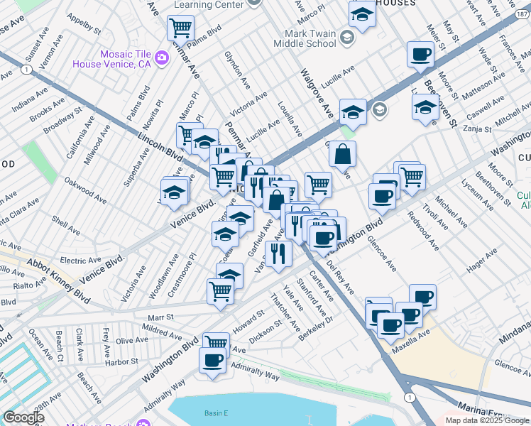 map of restaurants, bars, coffee shops, grocery stores, and more near 2469 Lincoln Boulevard in Los Angeles