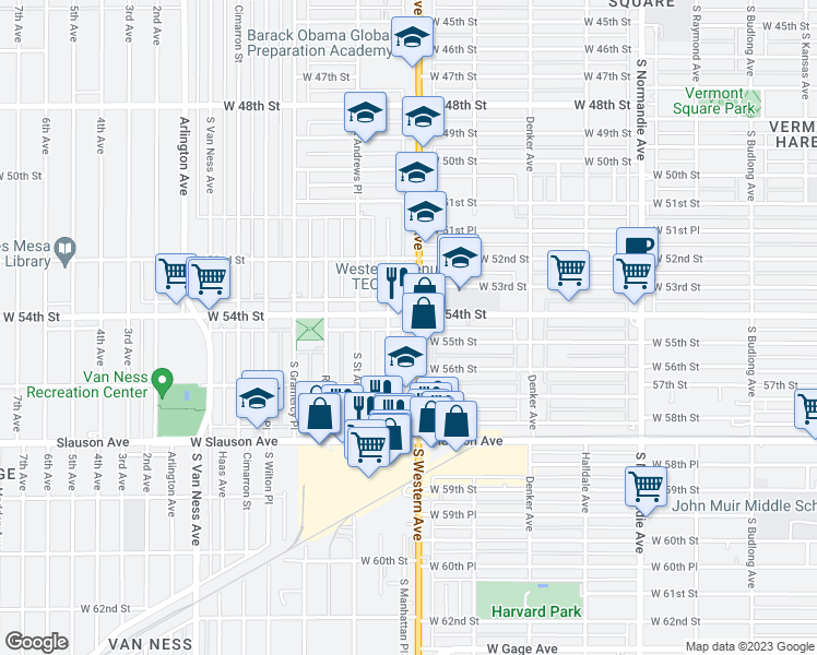map of restaurants, bars, coffee shops, grocery stores, and more near 5407 South Western Avenue in Los Angeles