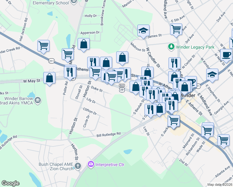 map of restaurants, bars, coffee shops, grocery stores, and more near 102 Duke Street in Winder