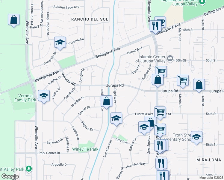 map of restaurants, bars, coffee shops, grocery stores, and more near 5053 Rigel Way in Jurupa Valley