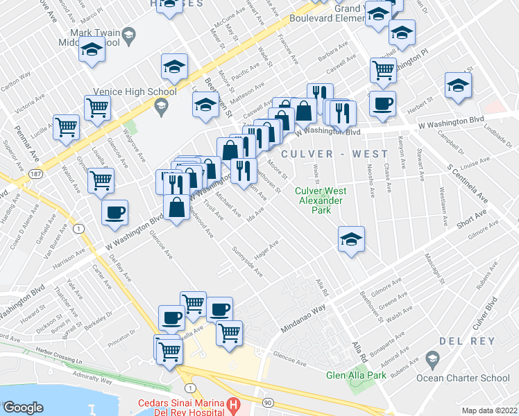 map of restaurants, bars, coffee shops, grocery stores, and more near 4109 Lyceum Avenue in Los Angeles