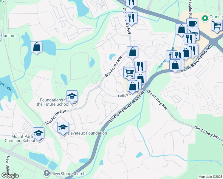 map of restaurants, bars, coffee shops, grocery stores, and more near 1730 Heights Circle in Kennesaw