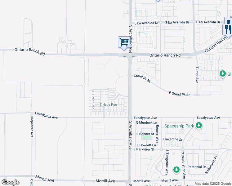 map of restaurants, bars, coffee shops, grocery stores, and more near 4427 South Fairmount Paseo in Ontario
