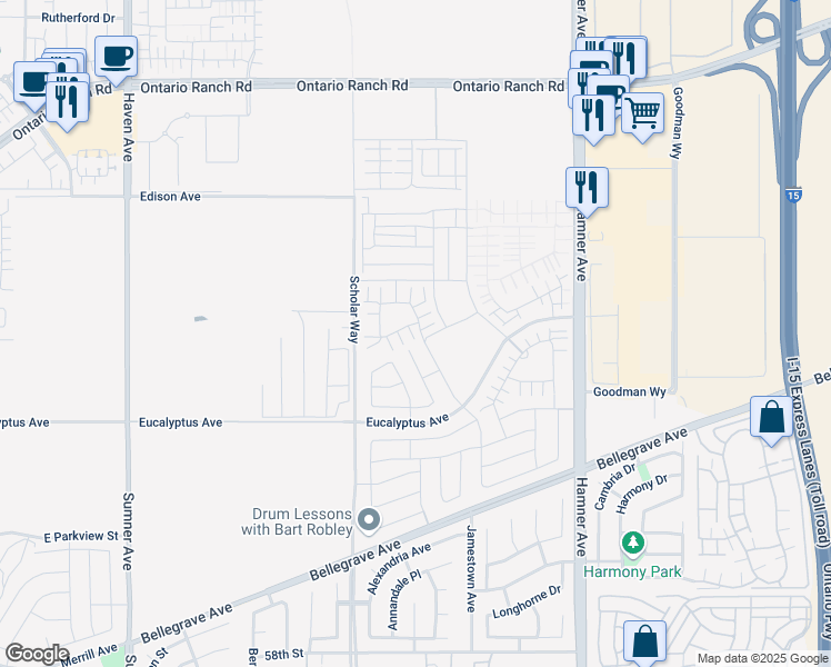 map of restaurants, bars, coffee shops, grocery stores, and more near 4014 East Catalina Street in Ontario