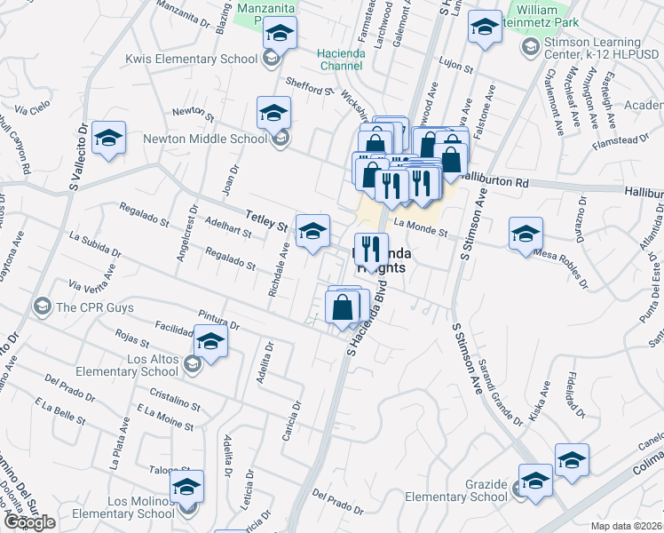 map of restaurants, bars, coffee shops, grocery stores, and more near 15750 Tetley Street in Hacienda Heights