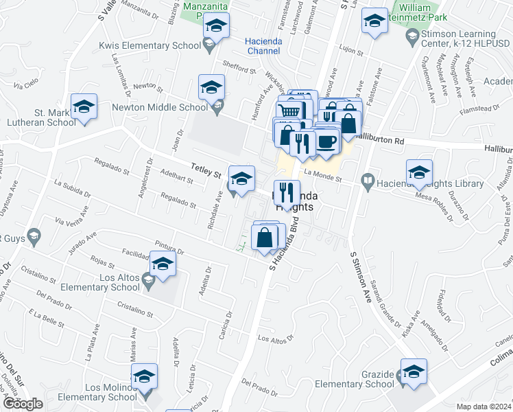 map of restaurants, bars, coffee shops, grocery stores, and more near 15742 Tetley Street in Hacienda Heights