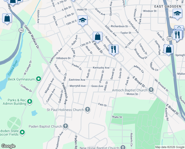 map of restaurants, bars, coffee shops, grocery stores, and more near 211 Pinehurst Street in Gadsden