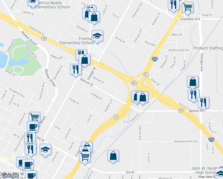 map of restaurants, bars, coffee shops, grocery stores, and more near 3344 Russell Street in Riverside