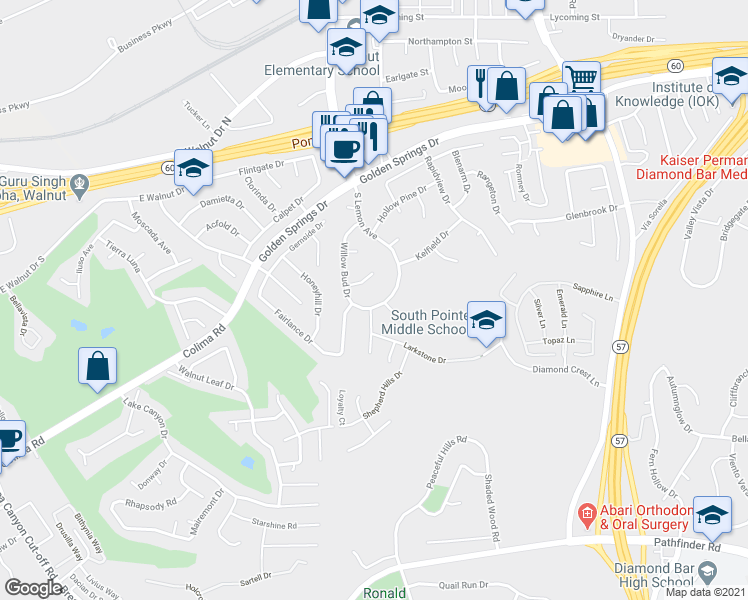 map of restaurants, bars, coffee shops, grocery stores, and more near 1485 South Lemon Avenue in Walnut