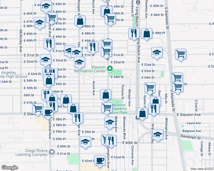 map of restaurants, bars, coffee shops, grocery stores, and more near 5501 Compton Avenue in Los Angeles